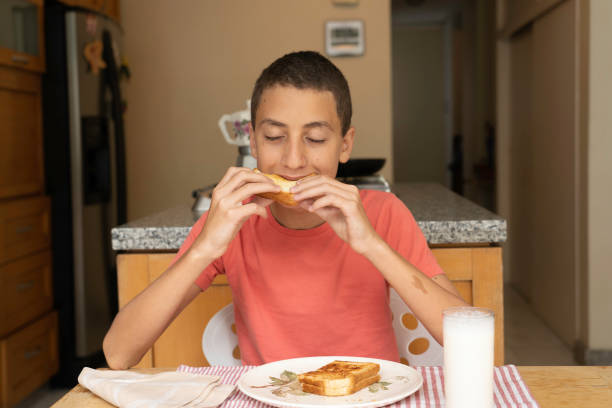 Boy about to eat a sandwich
