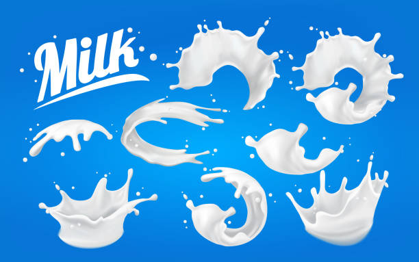 illustrations, cliparts, dessins animés et icônes de ensemble d’éclaboussures de lait. spots 3d. résumé goutte de lait réaliste avec des éclaboussures isolées sur fond bleu.element pour la publicité, la conception de paquet. vecteur - lait