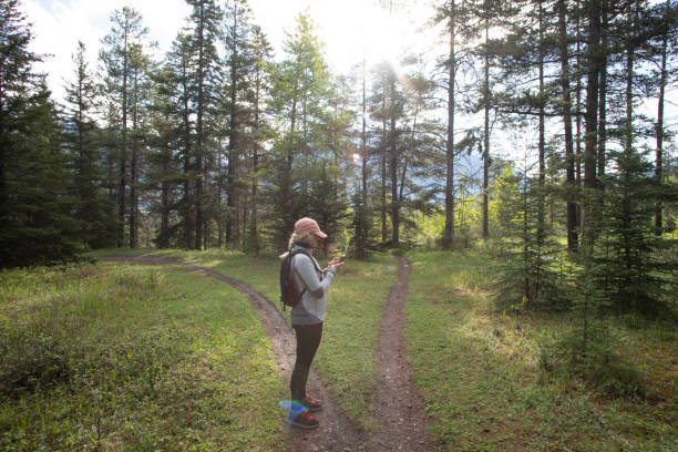 istock Female hiker stops on forked forested trail and looks for direction 1252910221