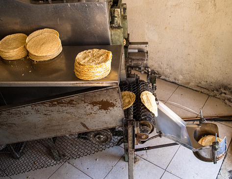 tortillas stacked on a tortilla machine in typical mexican shop