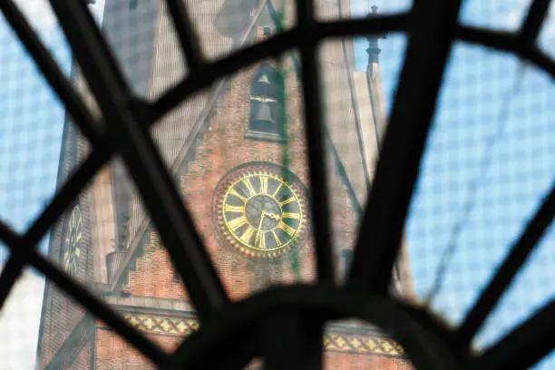 St. Peter's Church, Hamburg, Germany. Hauptkirche Sankt Petri, view through the old window