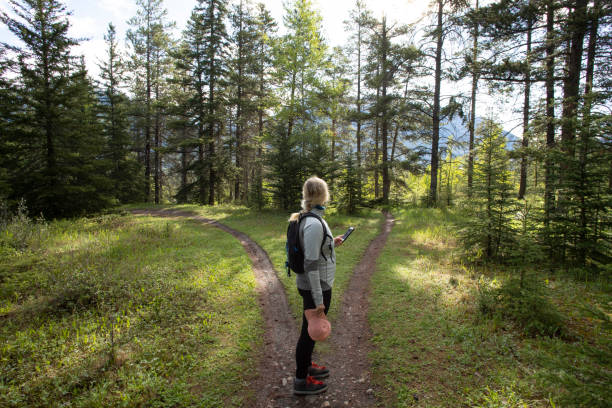 istock Female hiker stops on forked forested trail and looks for direction 1252912637