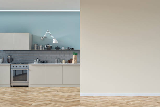 Modern kitchen and empty wall background stock photo