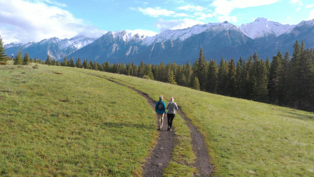 istock Mature couple hike along rural mountain trail 1252922482