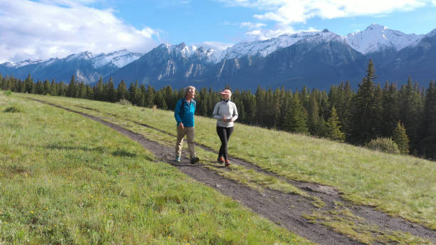 istock Mature couple hike along rural mountain trail 1252923865