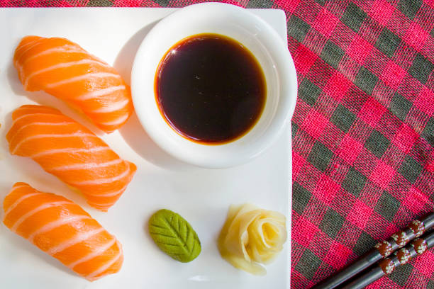 Sushi set on the table, Seafood and vegetables. Close-up and macro