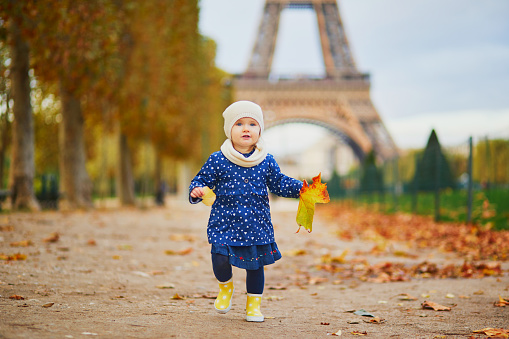 Adorable toddler girl in blue raincoat gathering yellow fallen leaves near the Eiffel tower in Paris, France. Happy child enjoying warm and sunny fall day