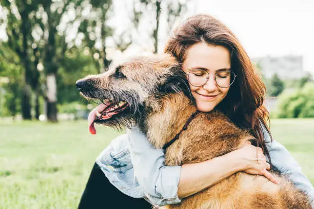 Women hugging dog in the summer park. Cheerful lady with long dark hair in blue jacket hugs and strokes friendly old dog sitting on lush green meadow of public garden on nice day.