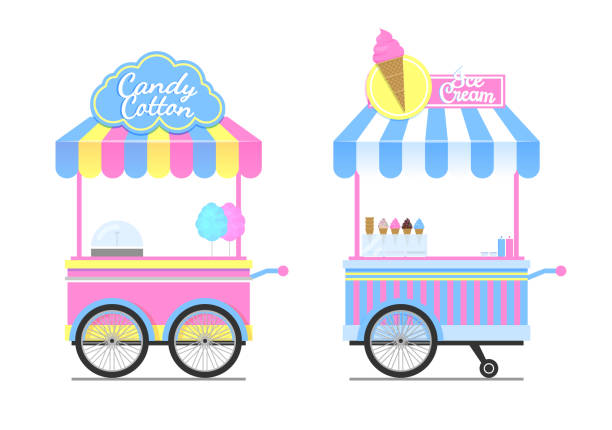 ilustrações, clipart, desenhos animados e ícones de candy cotton and ice cream wagons vector pattern - soft serve ice cream