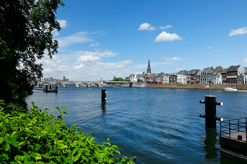 The Maas in Maastricht, province of Limburg. St. Servatius bridge and old town on the right.