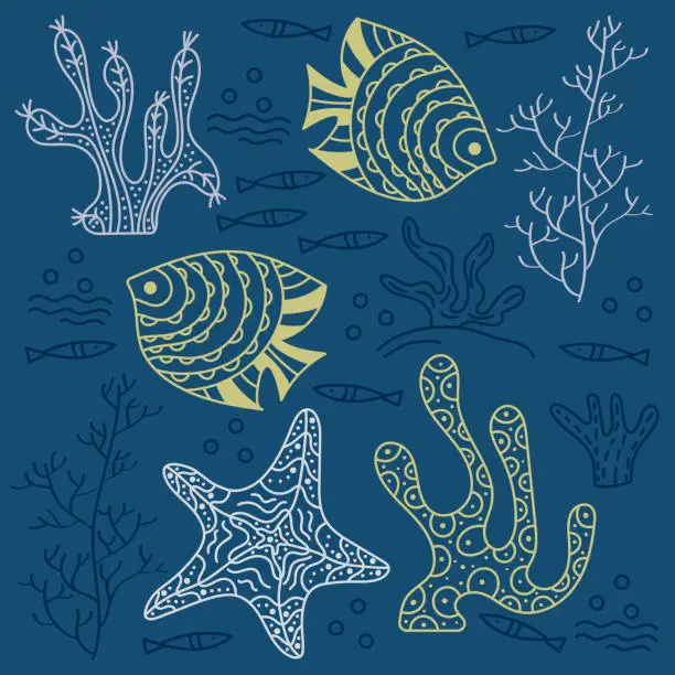 Vector illustration of Sea floor, underwater world. Fish and seaweed on a blue background.