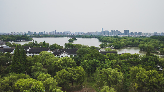 Panoramic view of South Lake scenic area and city skyline in Jiaxing, China