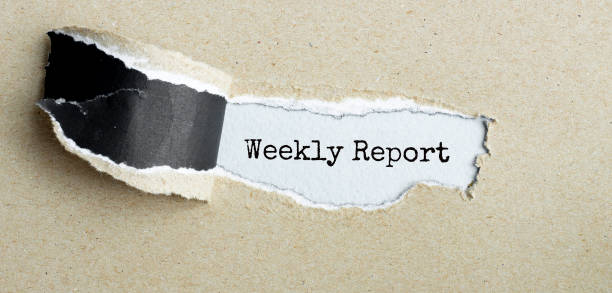The text Weekly Report appearing behind torn brown paper stock photo