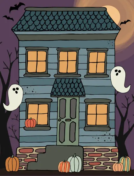 Vector illustration of Halloween Hunted house. Halloween background with old house, ghosts, bats, pumpkins and big moon. Vector illustration.