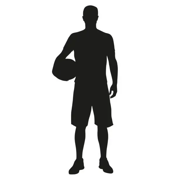 Vector illustration of Basketball player standing with ball in hand. Vector silhouette of sportsmen with a ball