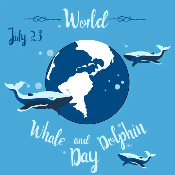 Vector illustration of World Whale and Dolphin day 23 july vector poster.Hand drawn whales swim in ocean with lettering,waves and bubbles.No plastic in sea