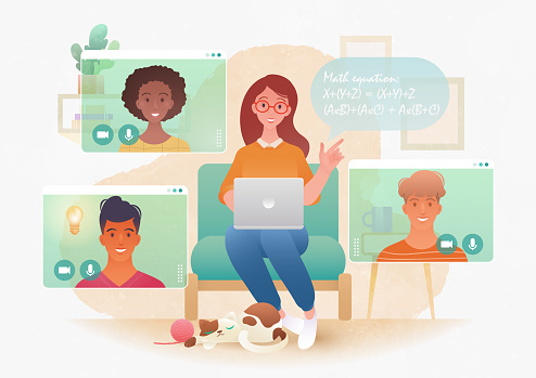 Flat Cartoon Character Of Young Female Teacher Teaching Her College Students Via Video Call App On A Laptop Computer Online Class Meeting New Normal Elearning Concept Vector Illustration Stock Illustration - Download Flat Cartoon Character Of Young Female Teacher Teaching Her College Students Via Video Call App On A Laptop Computer Online Class Meeting New Normal Elearning Concept Vector Illustration Stock Illustration - Download