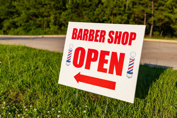 istock Barber Shop Open sign, outside with copy space 1252951526