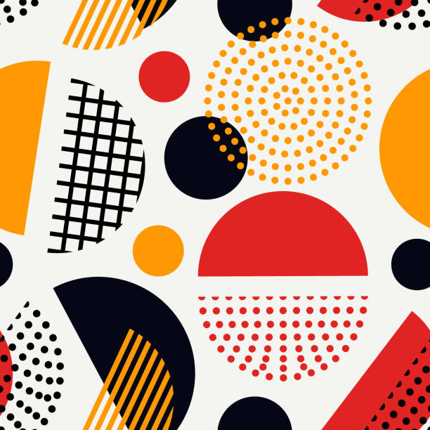 ilustrações de stock, clip art, desenhos animados e ícones de circle, polka dot seamless pattern. mixed texture irregular chaotic shapes print. memphis stile geometric background - mirrored pattern