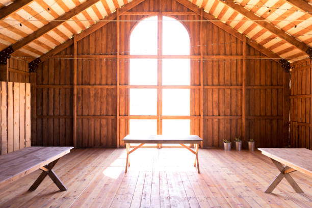 Wooden barn hall for rustic wedding party