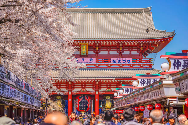 foule marchant vers la lanterne géante en papier de kobunacho dans le temple sensoji d’asakusa. - kaminarimon gate photos et images de collection