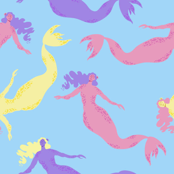 Vector seamless pattern with bright happy mermaids on pastel blue background Bright summer pattern with happy colorful mermaids swimming in pastel blue sea disney character free background stock illustrations