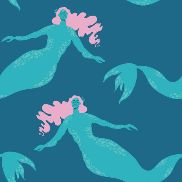 Vector seamless pattern with happy swimming mermaid Cute fantasy pattern with happy swimming mermaid on dark blue background disney character free background stock illustrations