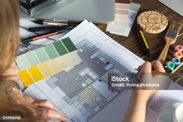 Interior Designer Draws A Plan With Art Tools Stock Photo - Download ...