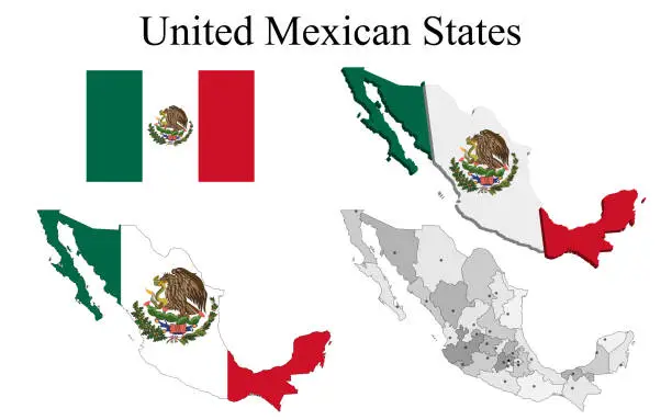 Vector illustration of Flag of Mexico on map and map with regional division