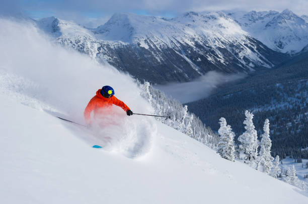 istock Skiing fresh powder on a ski vacation 1252960722