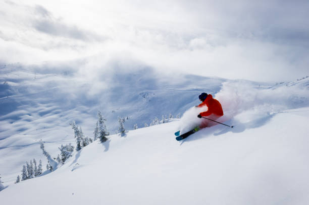 Skiing fresh powder on a ski vacation Male skiing fresh powder in the mountains. North America's best ski resorts. Canada's top ski destination. powder mountain stock pictures, royalty-free photos & images