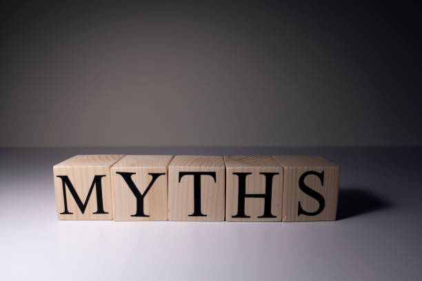 istock Myths word written on wood block. myths text on table, concept. 1252963779