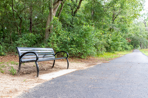 A bench offers respite to walkers and runners in a public park near Jacksonville, Florida.