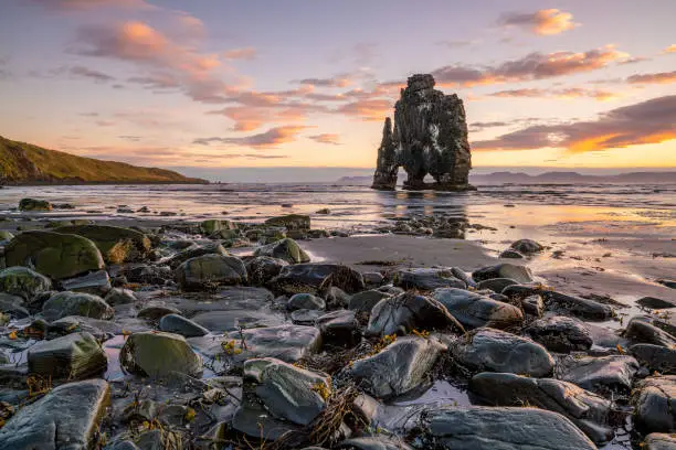 Photo of Icelandic nature landscape. Famous tourist attractions, Hvitserkur