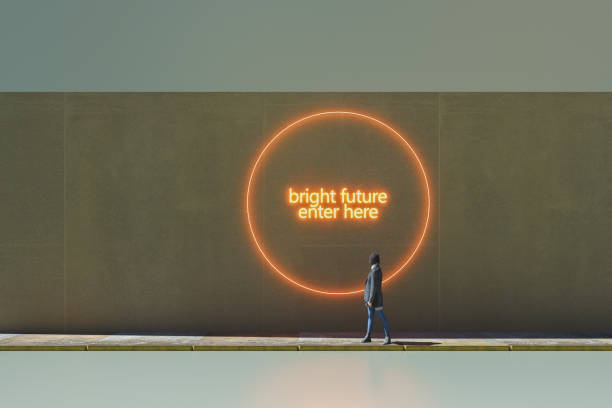 Bright future enter here Young woman on the street against illuminated graffiti. This is entirely 3D generated image. dystopia concept stock pictures, royalty-free photos & images