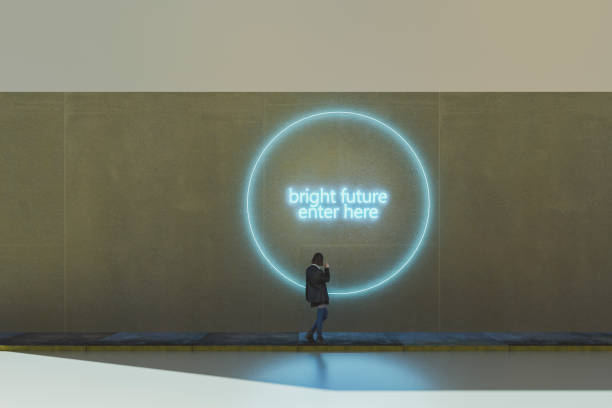 Bright future enter here Young woman on the street against illuminated graffiti. This is entirely 3D generated image. dystopia concept photos stock pictures, royalty-free photos & images