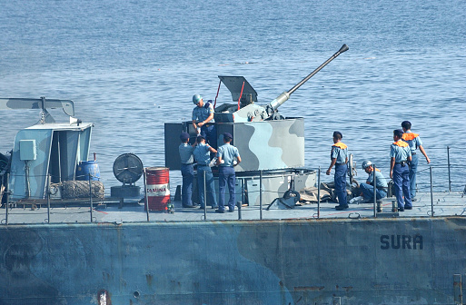 The Indonesian Navy's East Indonesian Fleet troops based in Surabaya conduct surveillance in the waters of the Java sea, Indonesia on November 11, 2003