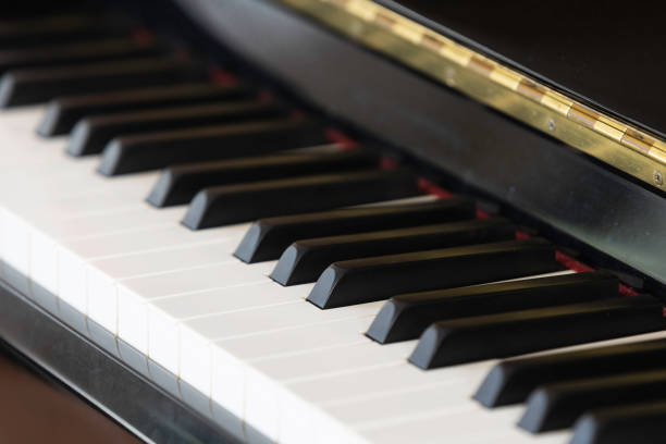 istock Close-up shot of piano keyboard background with selective focus. 1252977962