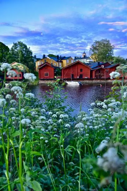 The old fisherman houses in Porvoo, Finland during a summer sunset