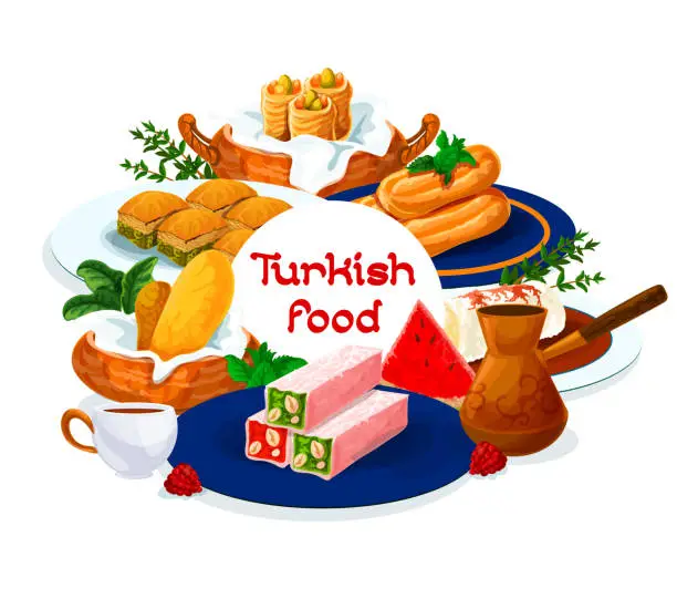 Vector illustration of Turkish cuisine food menu, dessert sweets pastry