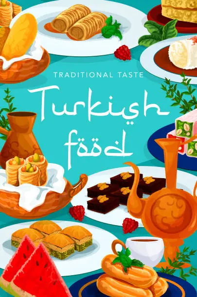 Vector illustration of Turkish cuisine traditional food sweet desserts