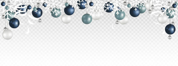 illustrations, cliparts, dessins animés et icônes de bordure de décoration de noël avec le flocon de neige blanc, la boule de noël, et le ruban accrochant sur le fond transparent. illustration vectorielle. - backgrounds metallic gold christmas