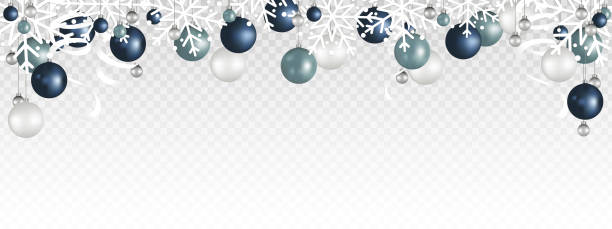 ilustrações de stock, clip art, desenhos animados e ícones de christmas decoration border with white snowflake, christmas ball, and ribbon hanging on transparent background. vector illustration. - blue ball