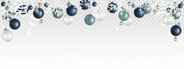 Vector illustration of Christmas decoration border with White snowflake, Christmas ball, and Ribbon hanging on transparent background. Vector illustration.