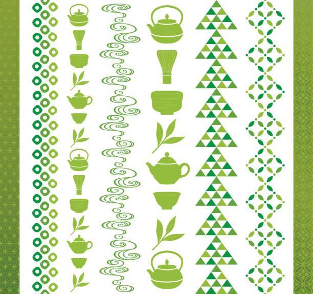 satz von grünen tee-illustrationen. - tea cup tea green tea chinese tea stock-grafiken, -clipart, -cartoons und -symbole