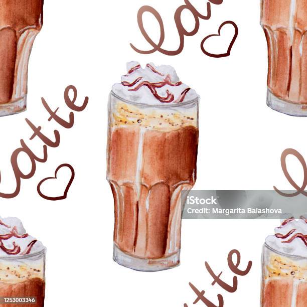 Gelas Kopi Latte Cat Air Yang Digambar Dengan Tangan Pola Mulus
