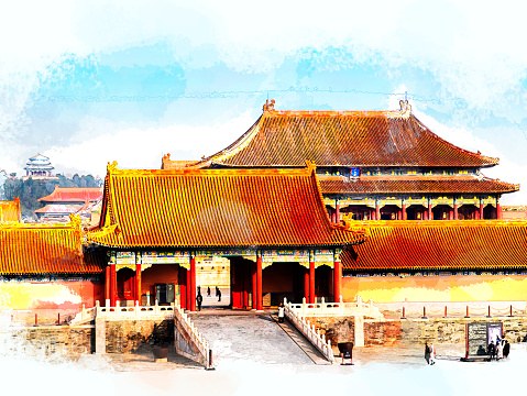 Sketch and Drawing Digital with water color of  the forbidden city with blue sky in Beijing, China