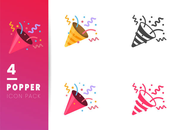 ilustraciones, imágenes clip art, dibujos animados e iconos de stock de ilustración vectorial del icono de confetti party popper aislada en blanco - emoticono ilustraciones