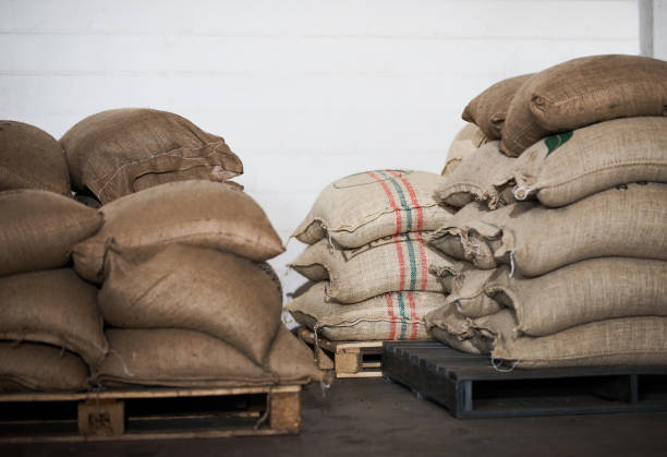 Still life shot of brown sacks in a warehouse