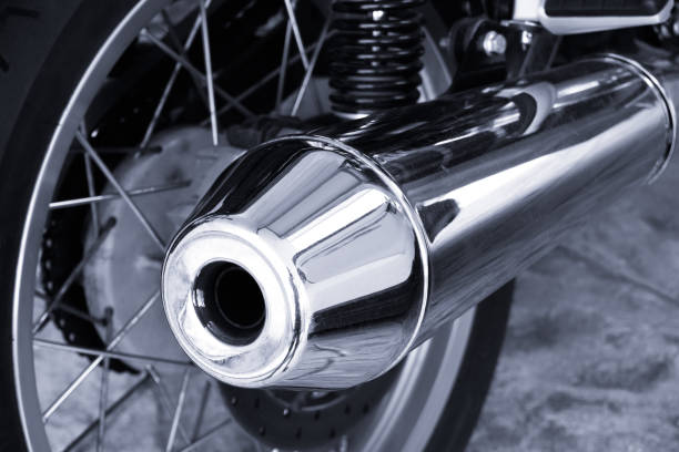 istock Modern big chromed exhaust on motorcycle 1253008619